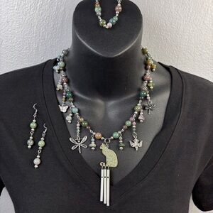 Handmade Necklace Earrings Bracelet Set Charms Cat Silvertone Natural Stone